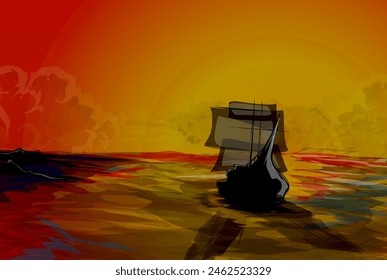 landscape background, sailing ship with twilight sky as background with natural scenery of Suset