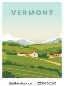 landscape background of scenic village in Vermont. travel to Vermont, New England, USA. vector illustration with colored style for poster, postcard, card, print.