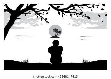 
landscape background silhouette. A lonely teenager on the seashore under a tree as it gets dark .vector background view of lake, island and coconut trees.