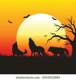 Landscape background with silhouette of wolves