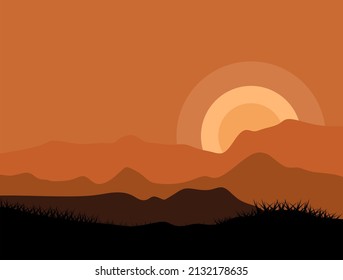 Landscape background with silhouettes of mountains and beautiful night sky. Sunset vector illustration