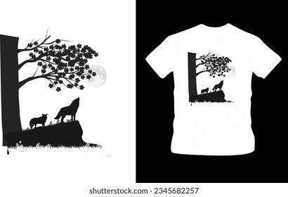 landscape background with silhouettes of wolves t-shirt design editable template