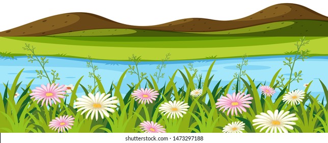 Landscape background with small hills and river illustration