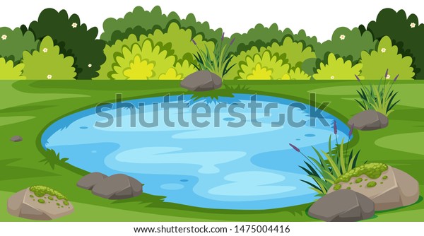 公園のイラストの中に横の背景に小さな池 のベクター画像素材 ロイヤリティフリー