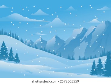 Landscape background, snow falling all over the forest, cold weather is rapidly increasing, white tone design, vector illustration for background design, brochure creation, report cover.