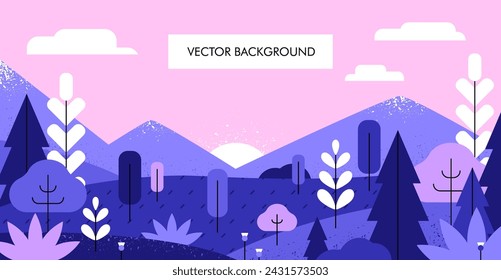 Landscape background, sun behind hills and trees. Fantasy nature in sunset, dusk. Abstract countryside banner, scenery with mountains, forest, sky and sundown, twilight. Flat vector illustration