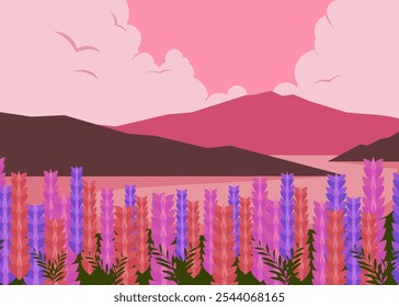 Landscape background with sunset and lavender 