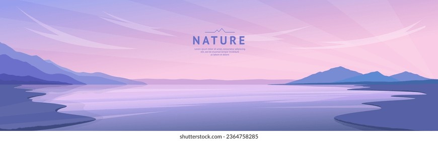 Landscape background. Sunset near the river. Mountains and hills in the distance. Bright colors of the sky. Reflection of the sun on the water. Design for web page, background, wide angle banner.