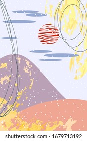 Landschaftshintergrund-Vorlage mit abstrakten Formen und Farben. Handzeichnung Linie Sonnenmuster im asiatischen Stil mit japanischem Muster. Moderne Vektorillustration-Vorlage für lustige Broschüren-Titelbanner-Design.