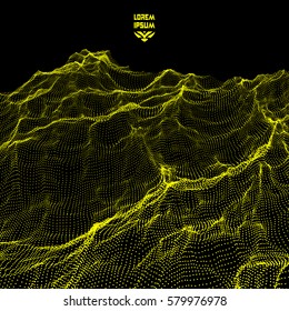 Landscape Background. Terrain. 3D Technology Vector Illustration. Array with Dynamic Particles. Cyberspace grid. Futuristic Design. 