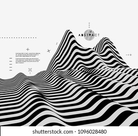 Landscape background. Terrain. Black and white background. Pattern with optical illusion. 3D Vector illustration.