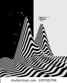 Fondo paisajístico. El terreno. Fondo blanco y negro. Patrón con ilusión óptica. Ilustración vectorial 3D.