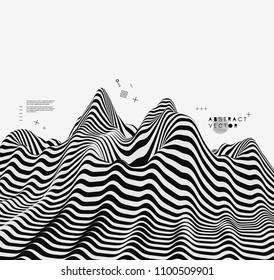 Landscape background. Terrain. Black and white background. Pattern with optical illusion. 3D Vector illustration.