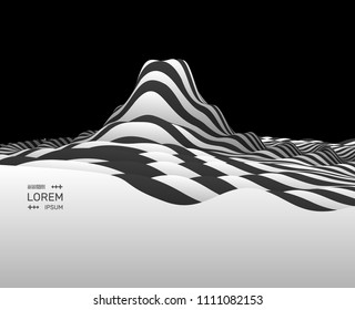 Fondo paisajístico. El terreno. Fondo blanco y negro. Patrón con ilusión óptica. Ilustración vectorial 3D.