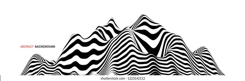 Landscape background. Terrain. Black and white background. Pattern with optical illusion. 3D Vector illustration.