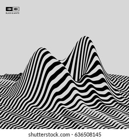 Landscape background. Terrain. Black and white background. Pattern with optical illusion. 3D Vector illustration.