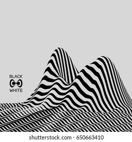 Landscape background. Terrain. Black and white background. Pattern with optical illusion. 3D Vector illustration.