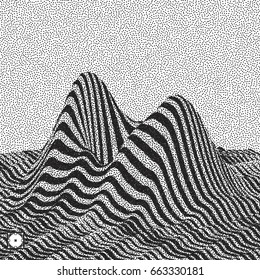 Landscape background. Terrain. Black and white grainy dotwork design. Pointillism pattern with optical illusion. Stippled vector illustration.