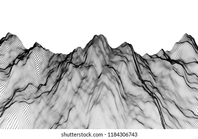 Landscape background. Terrain. Cyberspace grid. 3d technology vector illustration with particle.