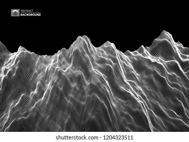 Landschaftshintergrund. Gelände. Cyberspace-Netz. 3D-Technologie, Vektorgrafik mit Teilchen.