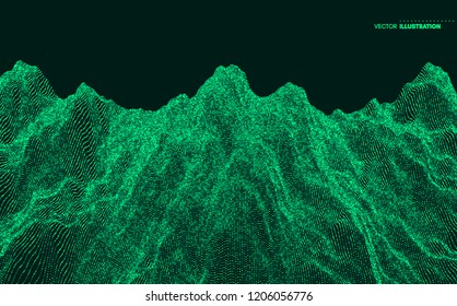 Landschaftshintergrund. Gelände. Cyberspace-Netz. 3D-Technologie, Vektorgrafik mit Teilchen.