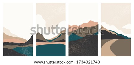 Landscape background with texture, vector. Geometric template in Japanese style. Abstract landscape with mountains. A set of backgrounds with abstract landscapes. Layouts for social networks,  posters