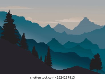 Fondo del paisaje, tranquilidad en la naturaleza, punto de partida del viaje, gradiente oscuro para que coincida con la atmósfera, Ilustración vectorial para el diseño de fondo, folleto de viaje.