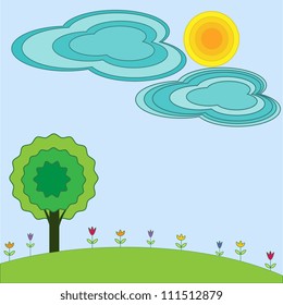 Landscape background with tree and flowers