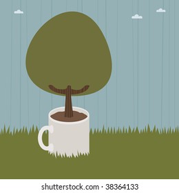 landscape background with tree growing out of mug