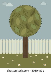 landscape background with tree and picket fence