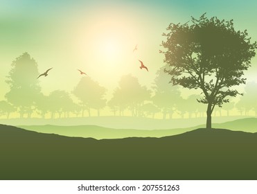 Landscape background with trees and birds