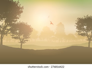 Landscape background with trees and birds