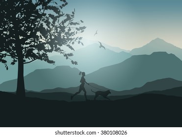 Landscape background with trees and birds