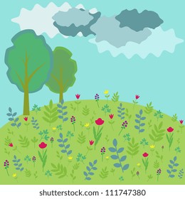 Landscape background with trees and flowers