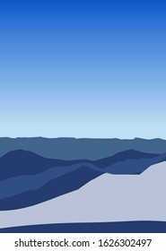 Landscape background in trendy blue colors. Vector. Copy space. Place for text. Skiing template in traditional of Japan. Mountain in Asian poster design. Abstract arts.Vertical card. Sale template.
