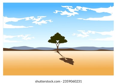 landscape background vector illustration, desert, dry season, single tree.