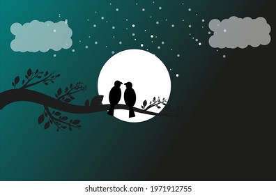 Landscape background, Vector silhouette of branch with birds on moon.