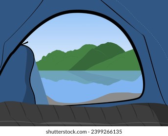 Landscape background view from the tent to a forest lake and mountains. Cozy camping in a wild place.