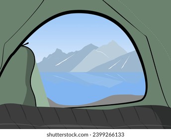Landscape background view from the tent to a lake and mountains. Cozy camping in a wild place.