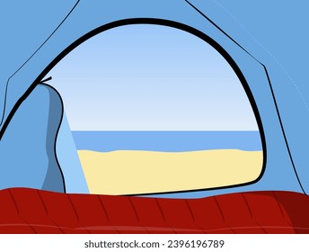 Landscape background view from the tent to a sandy beach and sea. Cozy camping on a seaside.