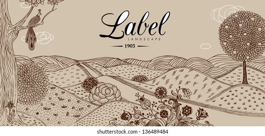 landscape, background, vintage, label, brown