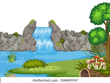 Landscape background with waterfall and green grass illustration