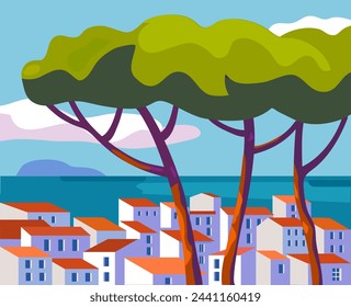 landscape background with white houses and blue sea