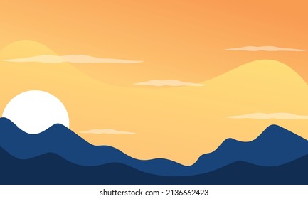 Landscape background with yellow sky, blue hills and white moon