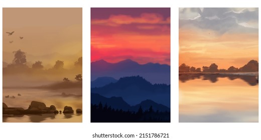 Landscape backgrounds set. Abstract art template with paint elements. Sunrise Sunset background abstract banner design in nature style. Vector illustration.