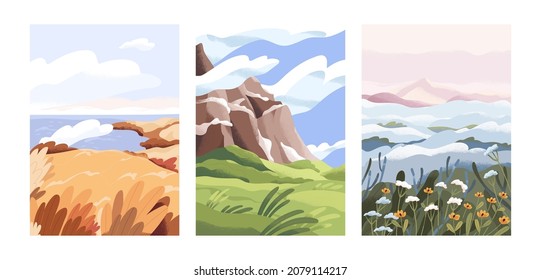 Landscape backgrounds set. Vertical cards of calm nature with field, meadow, grass, flowers, mountain, sky and clouds in spring and autumn. Peaceful valleys. Colored flat vector illustrations