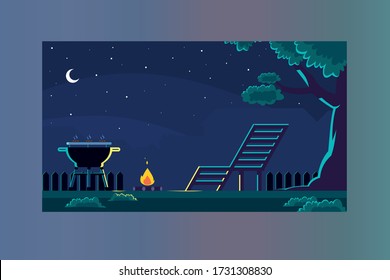 Landscape backyard barbecue night illustration 