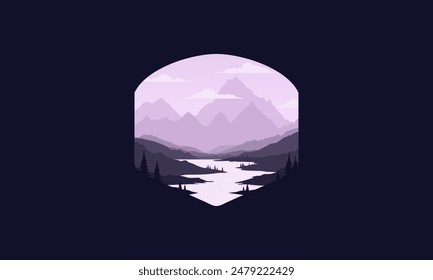 Landscape badge flat vector design illustration of mountains, calm river and silhouettes of pine trees, soft purple gradations layered