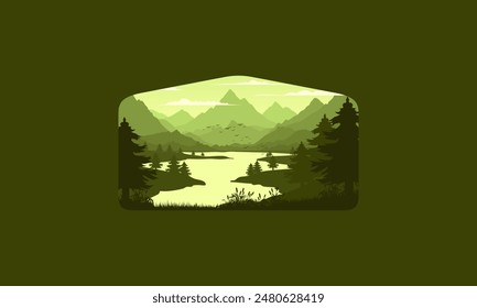 Landscape badge flat vector design illustration of mountains, calm river, birds flying and silhouettes of pine trees, soft green gradations layered