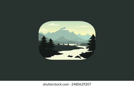 Landscape badge flat vector design illustration of mountains, calm river, birds flying and silhouettes of pine trees, soft green gradations layered
